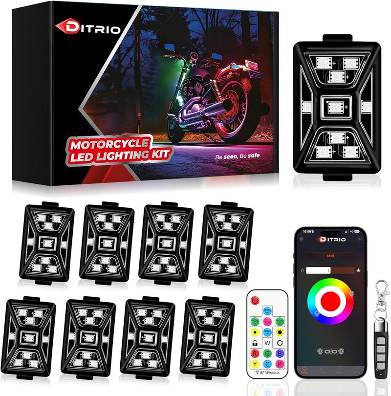 DITRIO 8PCS 5 Sides Full Angle RGB Motorcycle LED Underglow Kit with APP and 2 Remote Control,Brake Light Bright Waterproof Music Mode Easy Install Underglow Lights, Fit for Most Motorcycles Scooter - Image 1